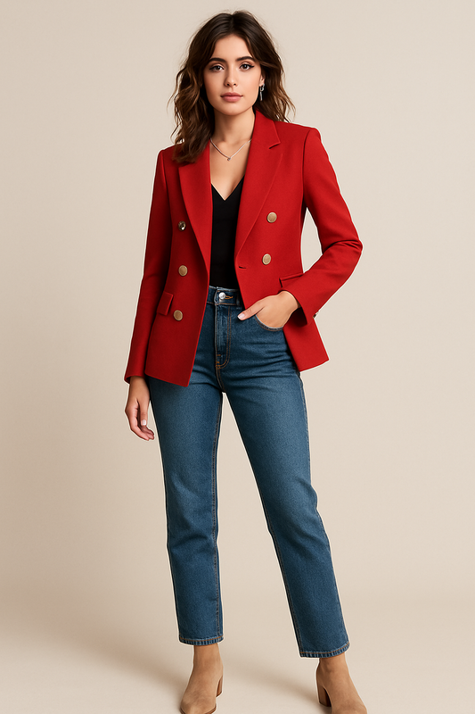 Chic Red Double-Breasted Blazer for Women - Tailored Fit