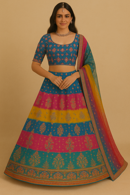 Woman wearing a multicolor Banarasi silk lehenga set with golden motifs, printed blouse, and a matching dupatta