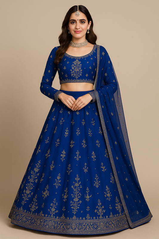 Woman wearing a royal blue embroidered lehenga choli with net dupatta