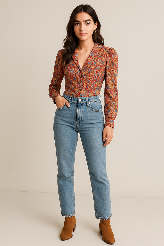Model wearing a vintage floral wrap blouse with button-up detail and long sleeves