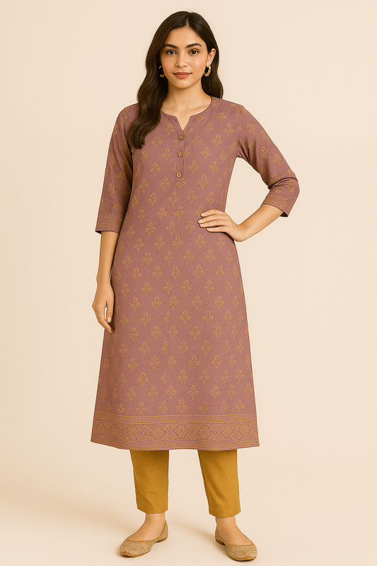 Women's Mauve Ethnic Cotton Straight Kurta with Mustard Pants - Traditional Wear