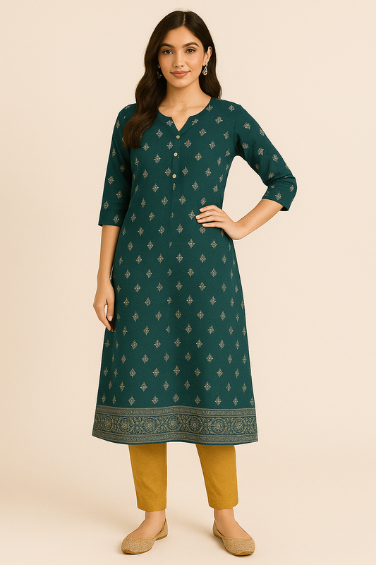 Teal Printed Straight Kurta with Mustard Pants - Women’s Ethnic Set