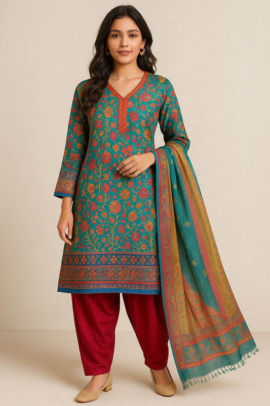 Woman wearing teal floral printed cotton kurta set with maroon salwar and multi-color dupatta