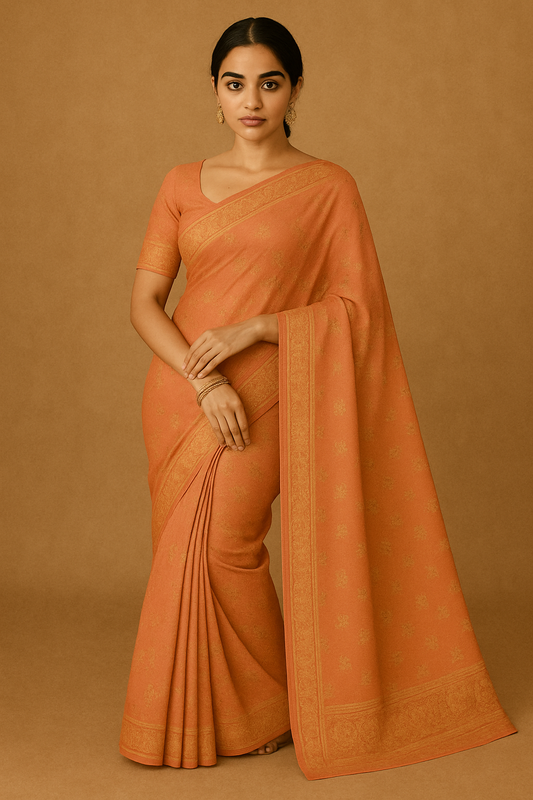 Woman wearing an elegant burnt orange Banarasi saree with gold zari work – traditional Indian festive attire