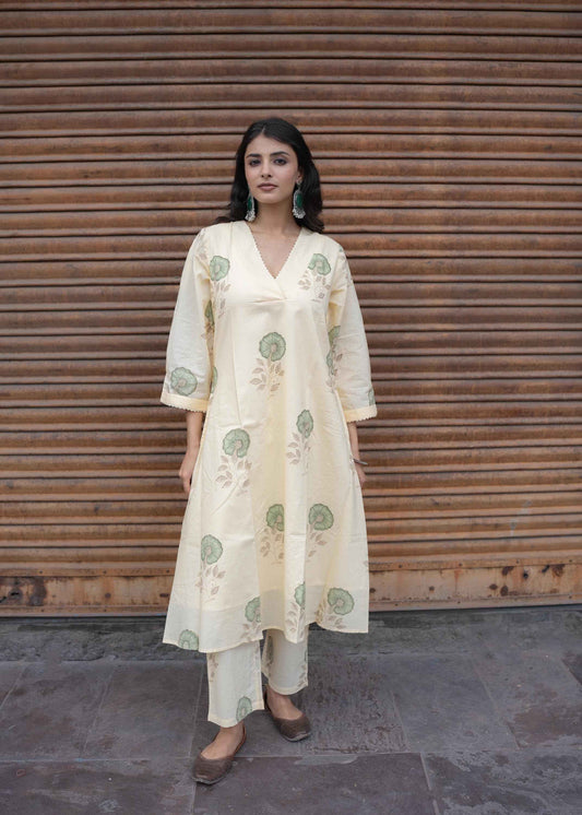 Neemrah Hand-Block Kurta Set – Traditional Floral Print, 100% Cotton, Elegant & Comfortable