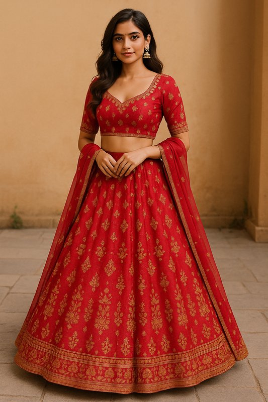 Woman wearing a red Banarasi silk lehenga with golden zari embroidery and matching dupatta
