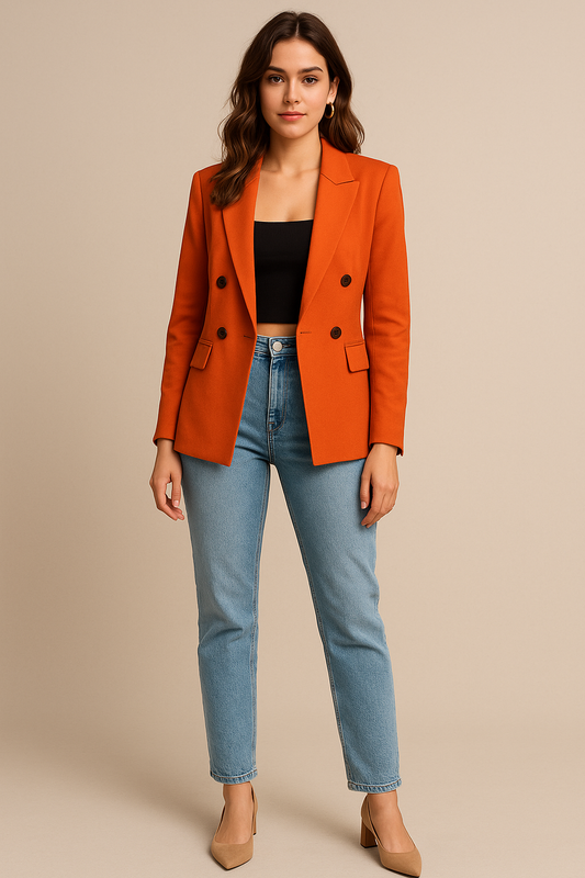 Women's Burnt Orange Double-Breasted Tailored Blazer - Front View