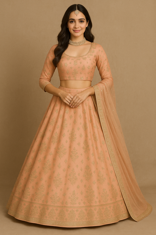 Woman wearing a peach gold embroidered silk Anarkali lehenga set with matching net dupatta