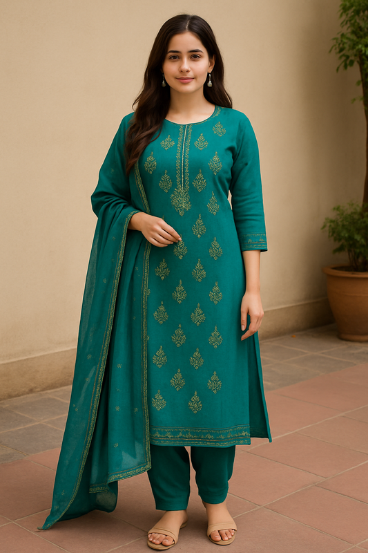 Model wearing teal green printed cotton kurta set with matching pants and dupatta