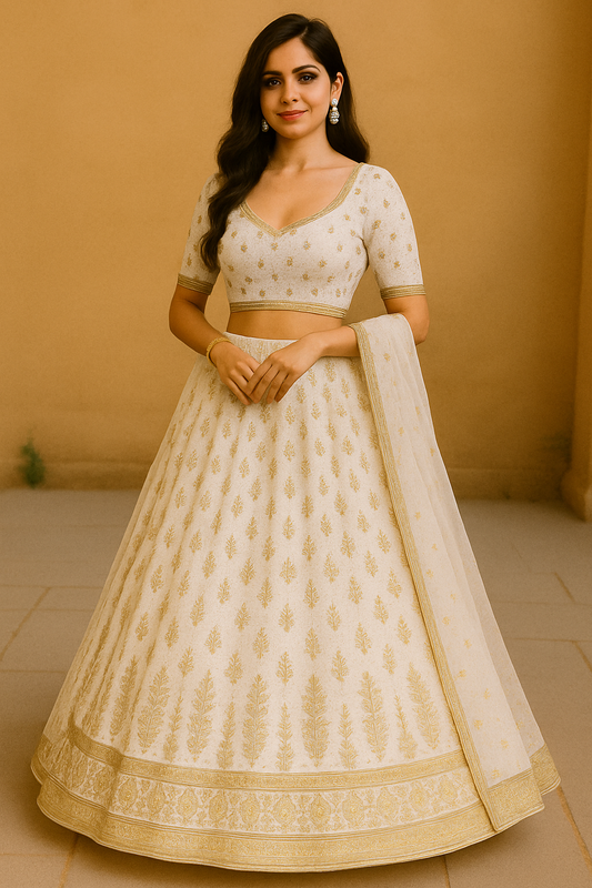 Woman wearing elegant off-white lehenga with golden embroidery and dupatta