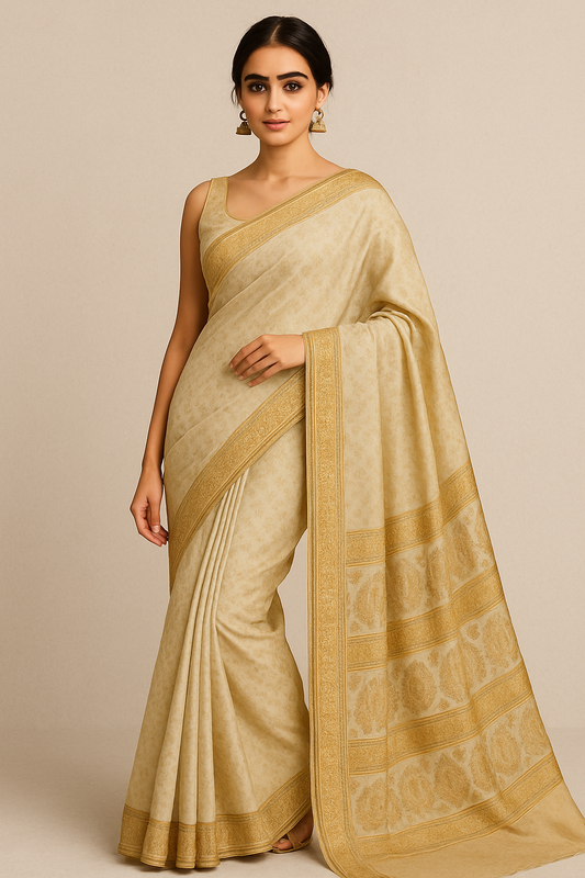 Woman wearing beige banarasi saree with golden zari border – traditional ethnic look