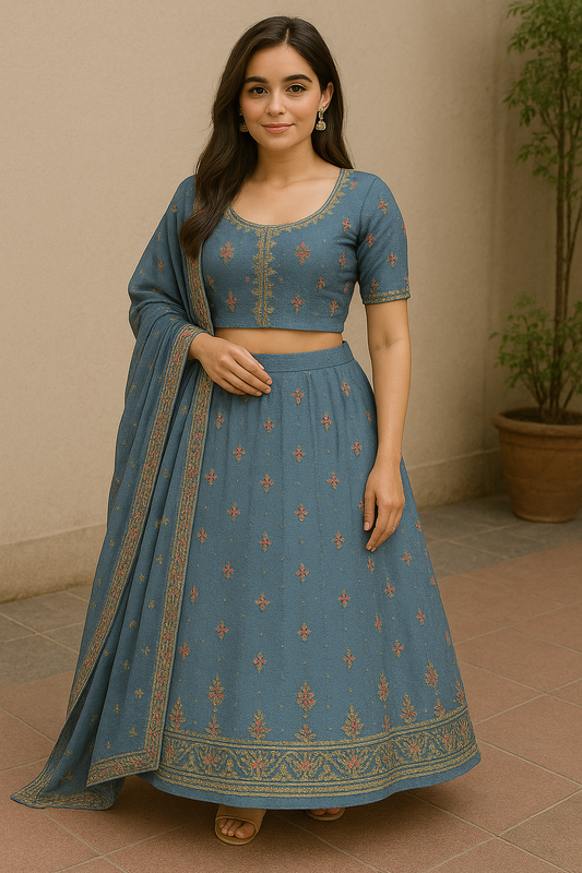 Woman wearing a blue embroidered lehenga set with matching blouse and dupatta, perfect for festive and wedding occasions