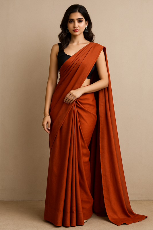 Young woman wearing a terracotta pure cotton saree with black sleeveless blouse – minimal elegant ethnic style