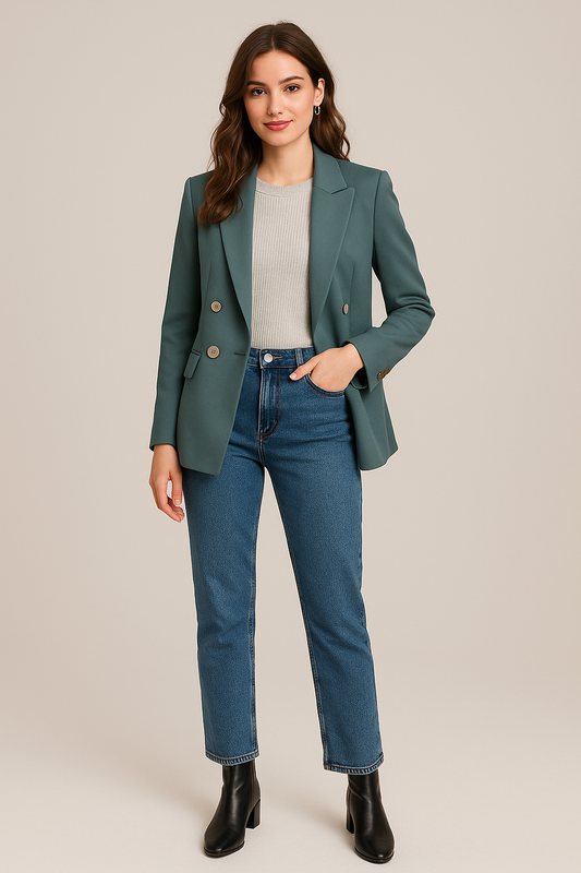 Model wearing a teal double-breasted blazer with blue jeans and black boots