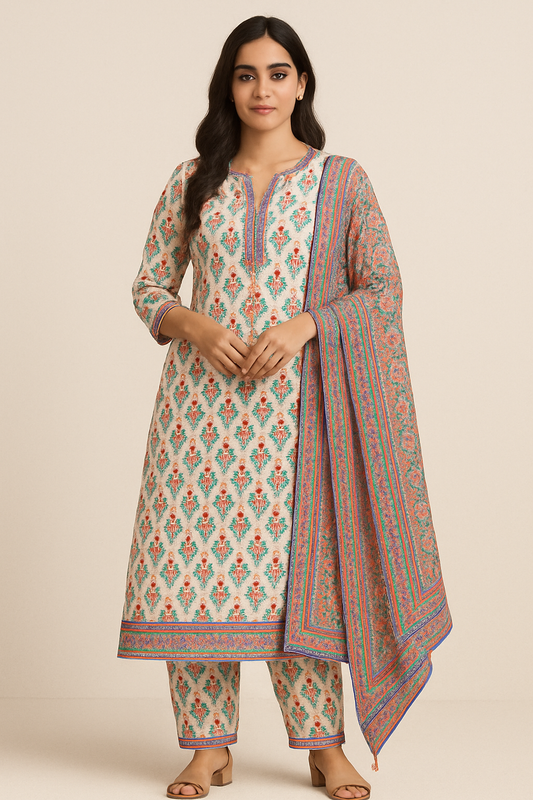 Woman wearing soft floral cotton kurta set with matching pants and dupatta – ethnic wear look