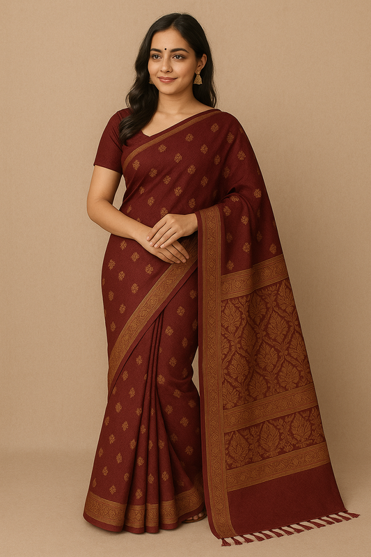 Young woman wearing a maroon Banarasi soft silk saree with golden zari border and pallu – Traditional Indian ethnic wear