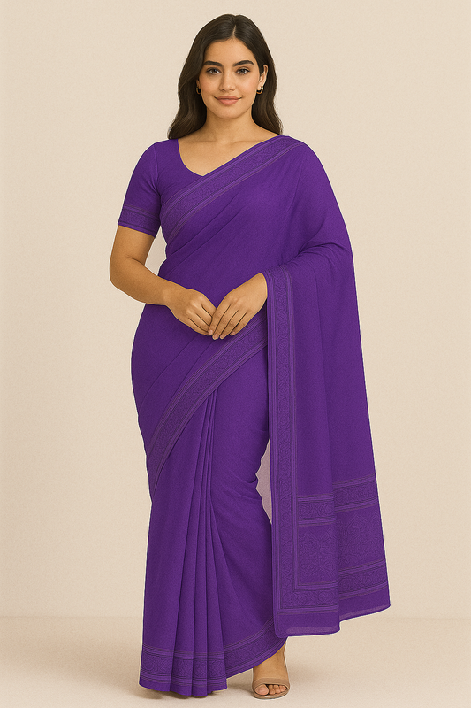 Model wearing elegant violet handloom cotton saree with woven border