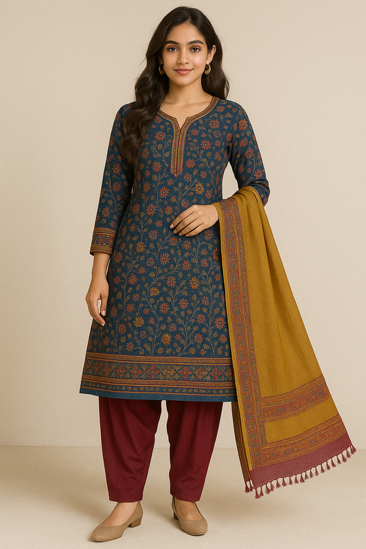 Woman wearing an indigo floral kurta with maroon pants and a mustard dupatta – traditional Indian ethnic wear set