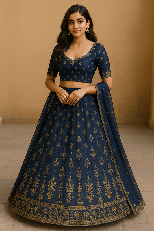 Woman wearing elegant navy blue lehenga choli with golden zari work and matching dupatta