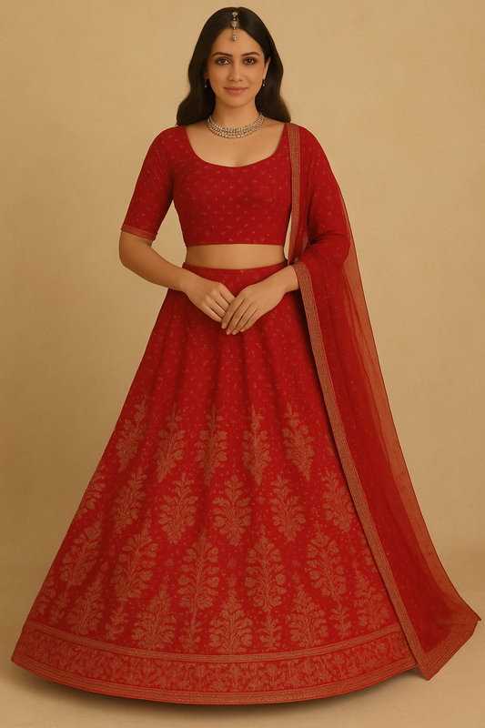 Red embroidered lehenga choli set with dupatta for weddings and festive occasions