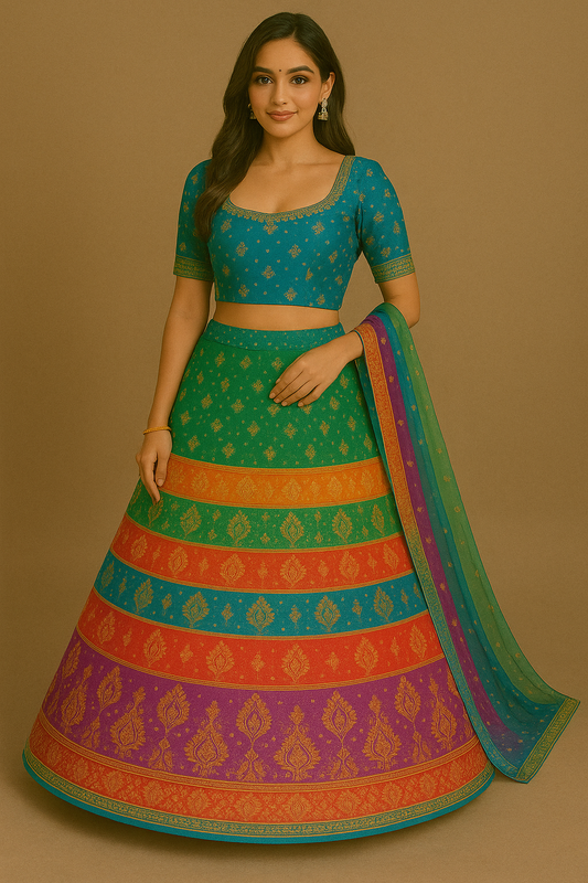 Woman wearing multicolor traditional woven silk lehenga choli with dupatta featuring golden motifs