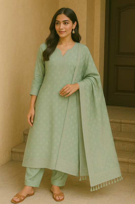 Woman wearing a sage green cotton kurta set with embroidered neckline, matching pants, and tassel dupatta