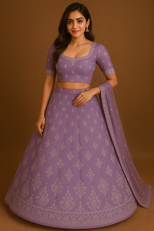 Lavender embroidered silk lehenga choli set with dupatta for women – traditional Indian ethnic wear