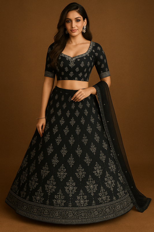 Woman wearing an elegant black lehenga set with silver embroidery, matching choli, and dupatta