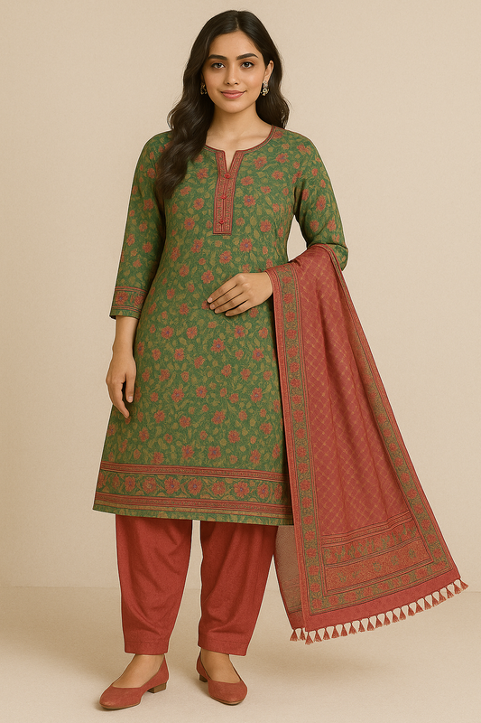 Woman wearing green floral printed cotton suit with maroon pants and dupatta