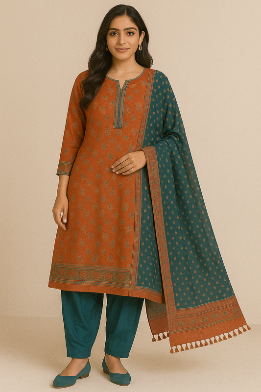 Woman wearing rust and teal printed cotton blend kurta set with matching pants and dupatta