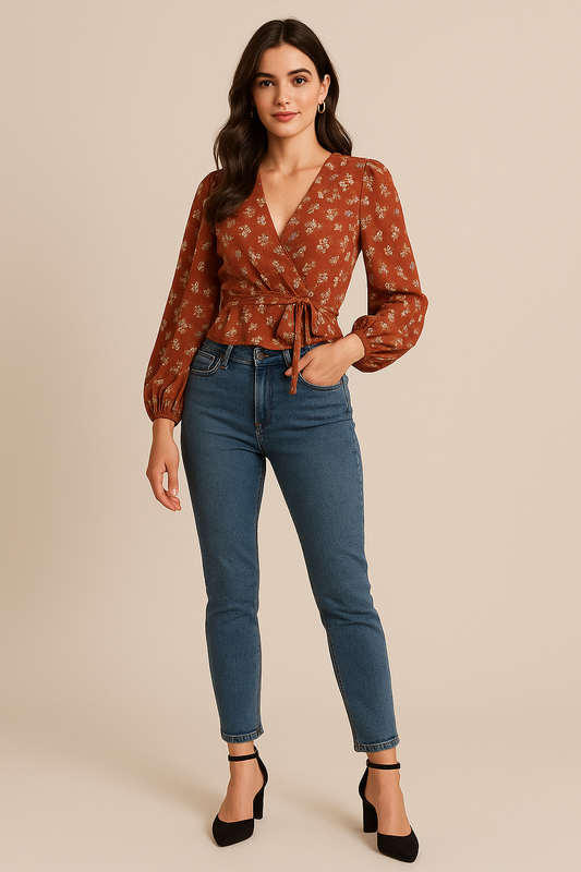 Rust floral wrap blouse with balloon sleeves for women