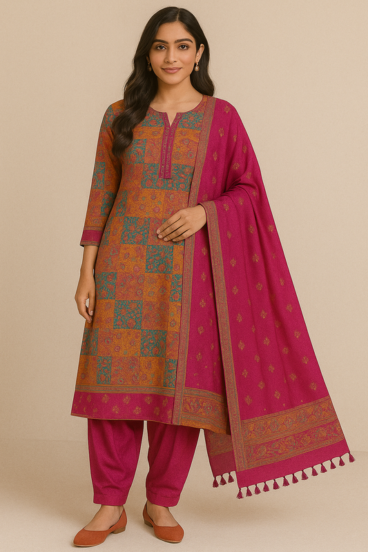 Woman wearing a magenta and mustard cotton blend printed suit set with teal green block prints, paired with matching magenta pants and dupatta with tassel detailing.