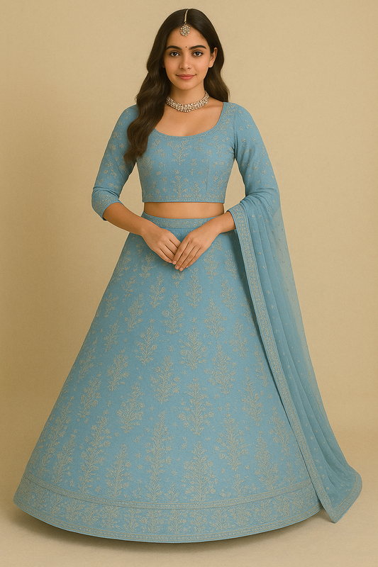 Woman wearing an elegant sky blue embroidered lehenga choli with matching dupatta
