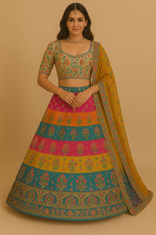 Woman wearing a multicolor floral woven silk lehenga choli with a mustard dupatta