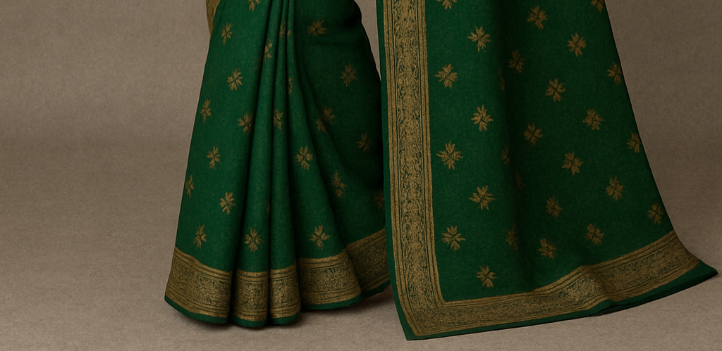 Elegant Green Handloom Saree with Golden Zari Work – Traditional Indian Festive Wear