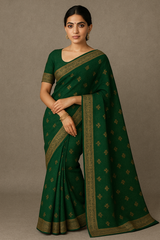 Woman wearing elegant green handloom saree with golden zari work, traditional festive Indian outfit