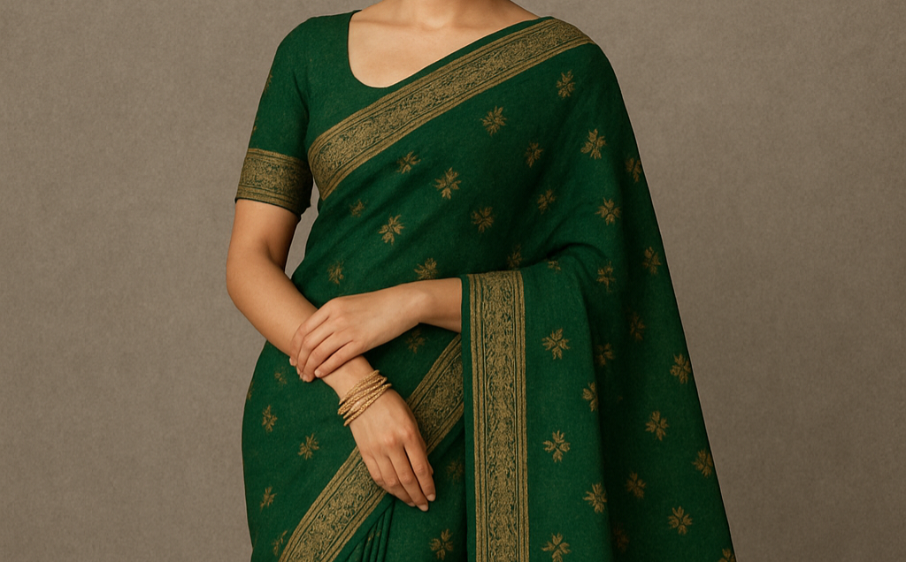 Elegant Green Handloom Saree with Golden Zari Work – Traditional Indian Festive Wear